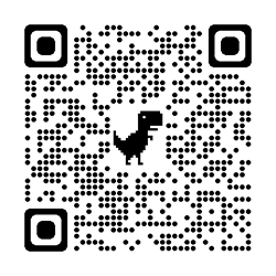 The image displays a QR code with a pixelated T-Rex graphic, typically used for scanning to access digital content.